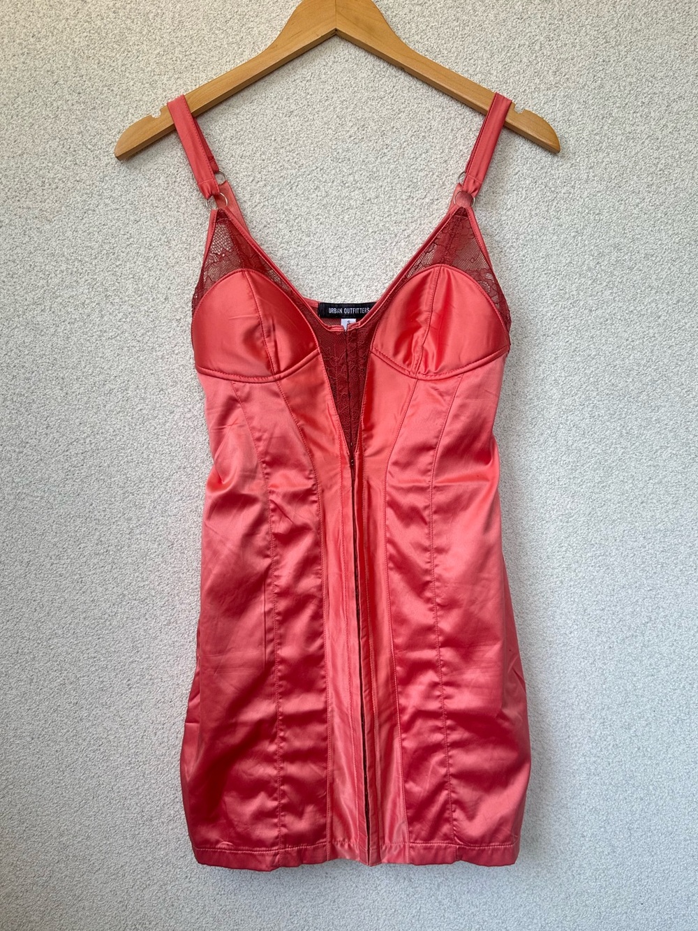 Urban Outfitters Satin Corset Mini Dress Coral Pink Lace Trim Bodycon Size Small
